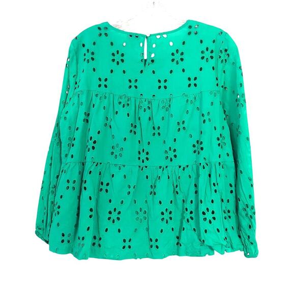 ☆☆SOLD☆☆ J. Crew Kelly Green Eyelet Tiered Popover Long Sleeve Baby Doll Top - Picture 2 of 6